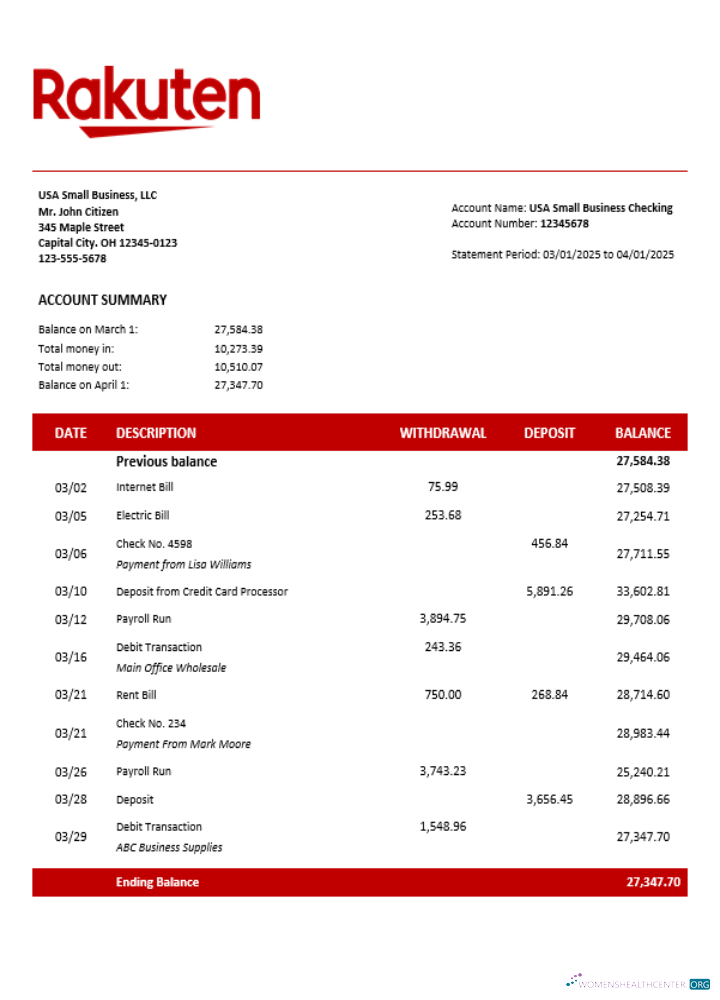 Download Japan Rakuten business account statement Word and PDF template Photoshop template